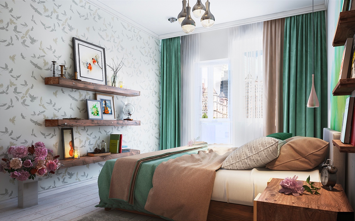 bird-wallpaper-floating-bookshelves-green-drapes