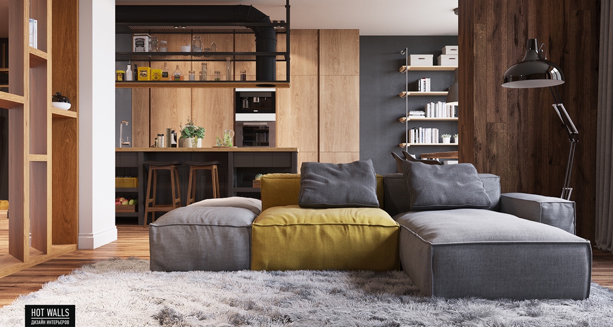 gray-couch-yellow-cushion-wooden-cabinets