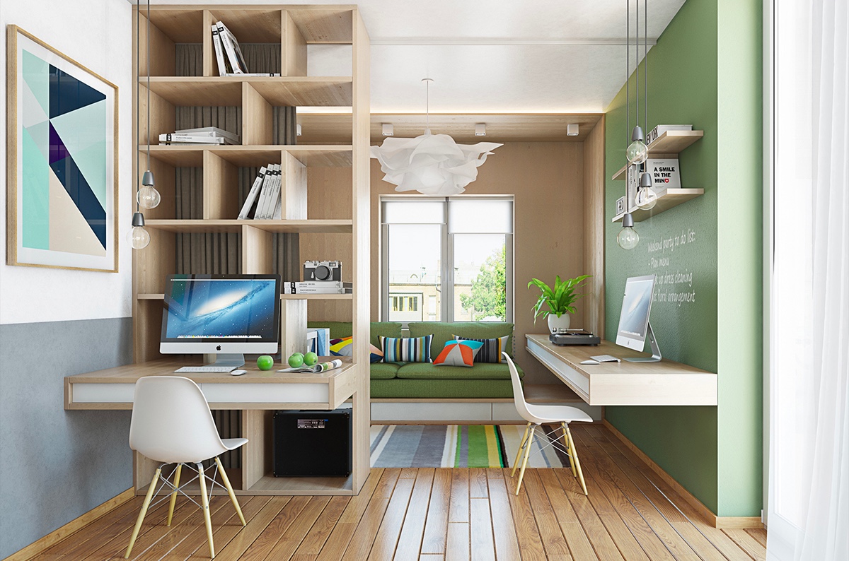 green-wall-office-imac-white-chairs
