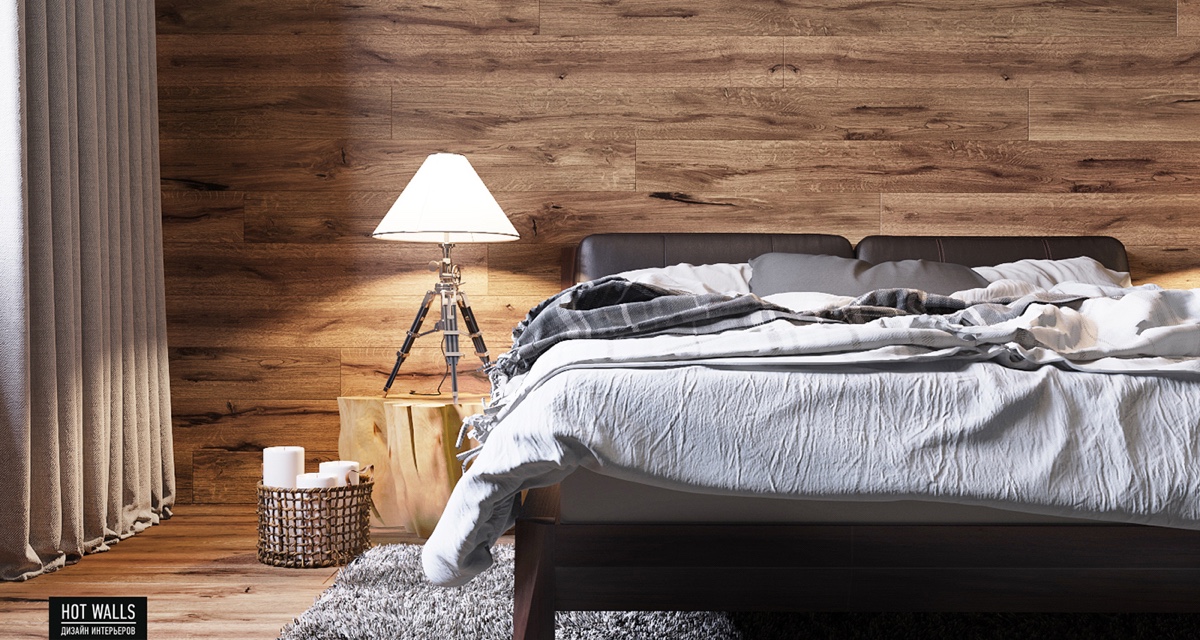 unmade-gray-bed-wooden-wall-wood-stump-side-table