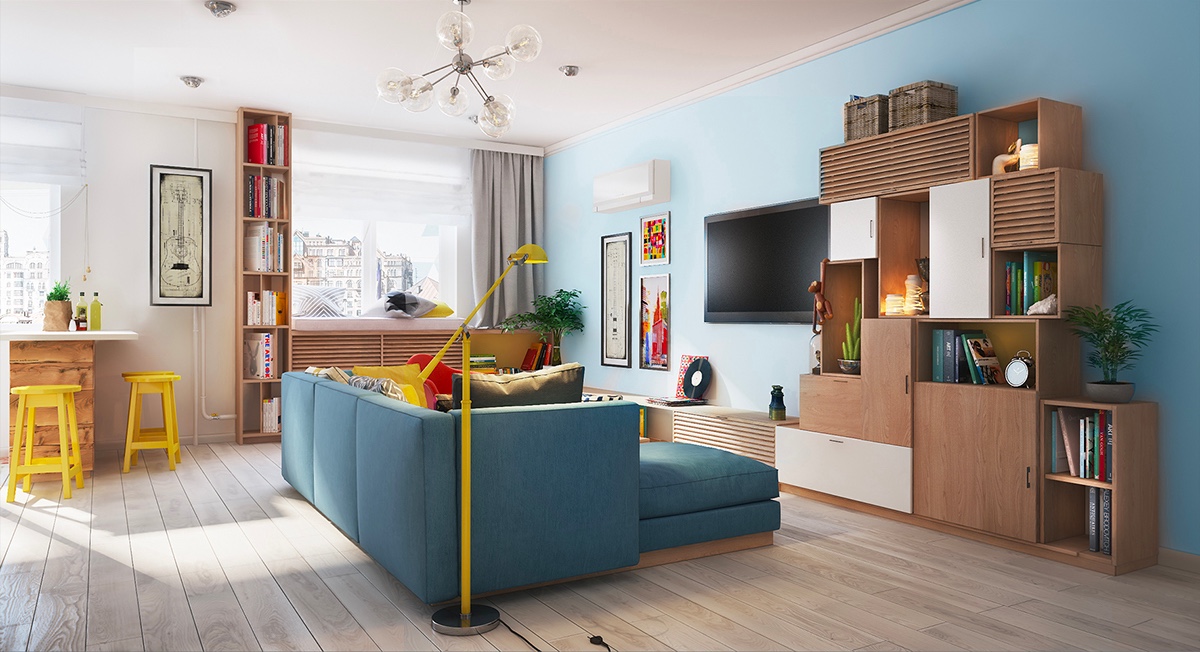중국 주택 wooden storage yellow barstools blue couch