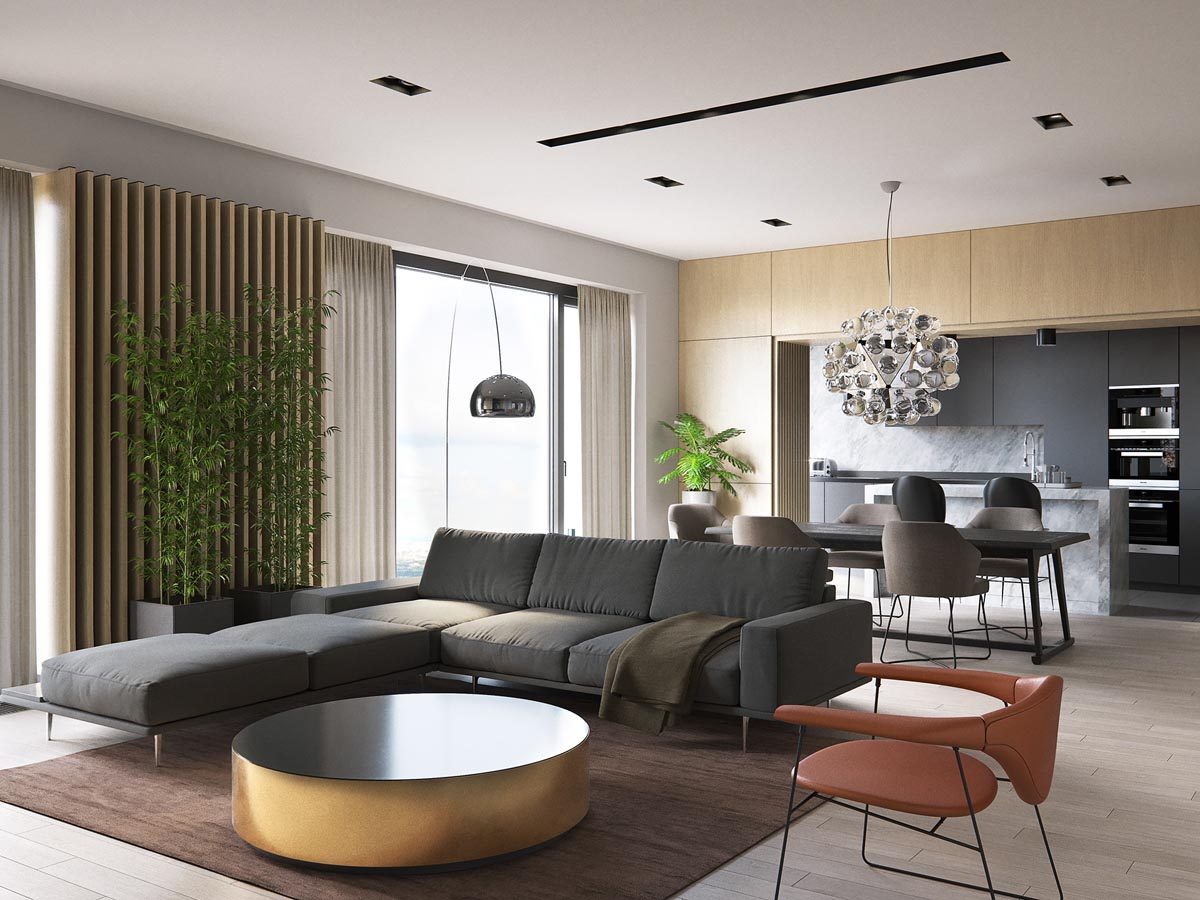 dark gray sofa 원형 커피 테이블