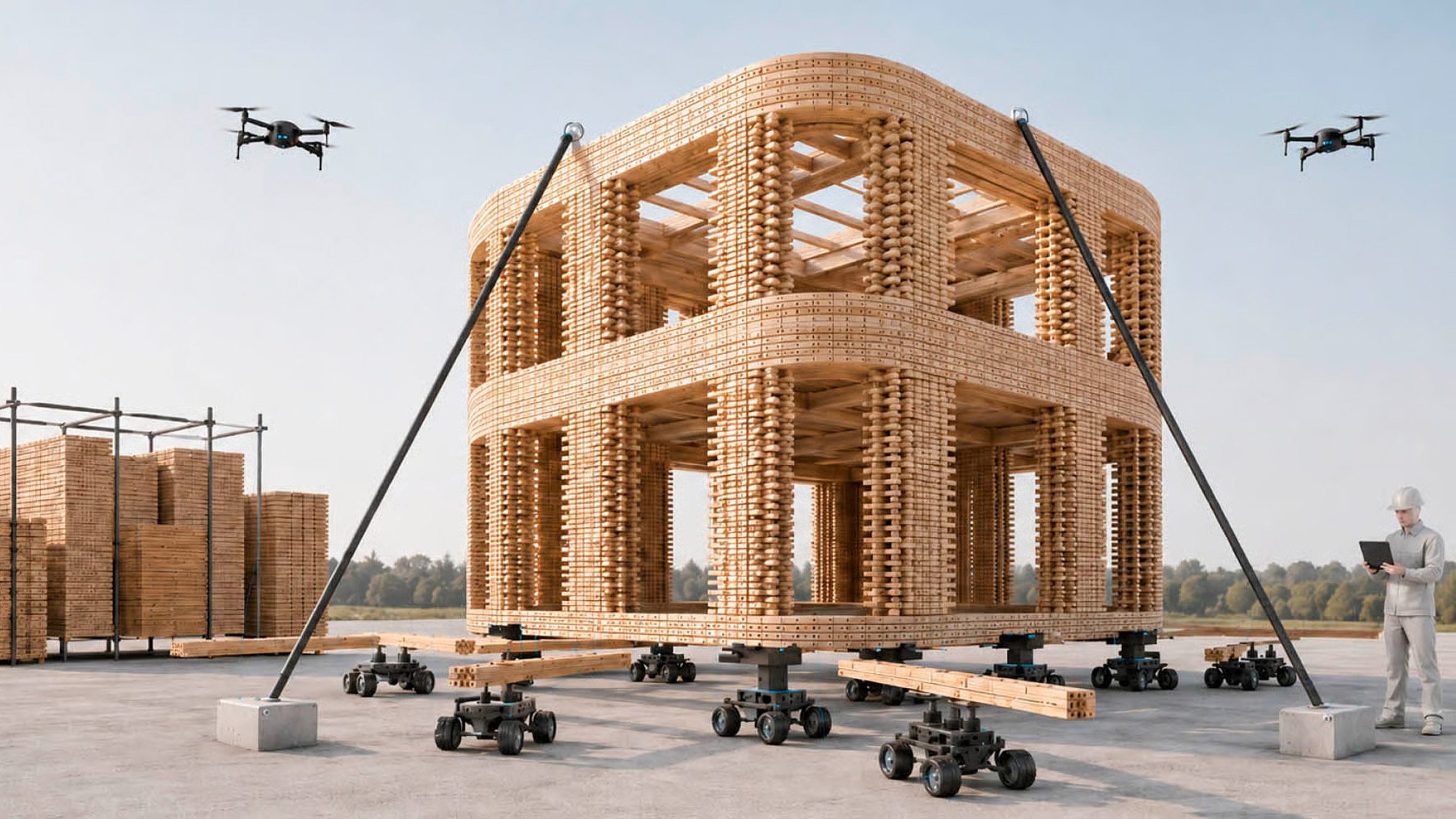 Foster + Partners의 SWIFT-Build 로봇 건설 시스템 개념 이미지