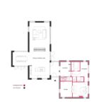 기존 구조(레드)와 신축 구조(블랙)를 구분한 Shadow Barn 평면도