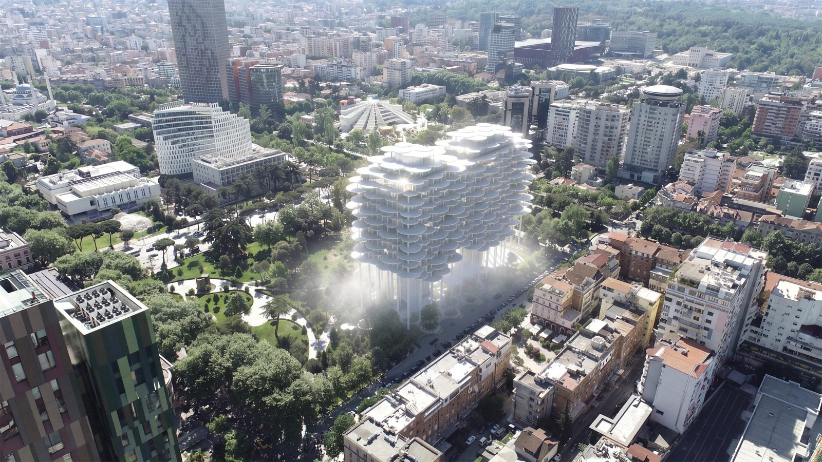 하얀 원반을 겹겹이 두르고 티라나 리니아 공원 위에 떠 있는 BIG의 Tirana Fountain Plaza 조감 이미지