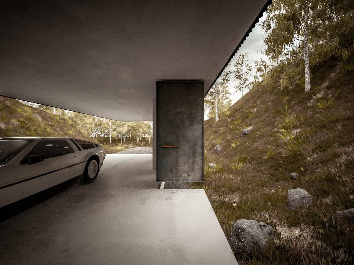 기둥 하나가 매스를 받치는 House for a Photographer 카포트와 현관 렌더링