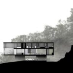 채석장 절벽과 캔틸레버 매스를 보여주는 House for a Photographer 단면도