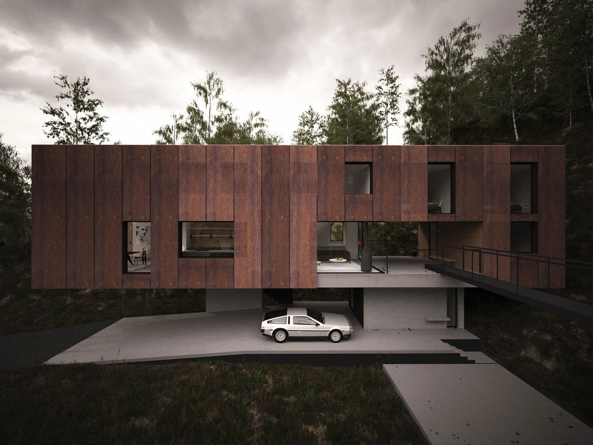 카포트 위로 길게 뻗은 House for a Photographer 측면 입면 렌더링