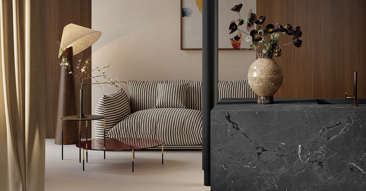 Iris Ceramica Group 세라믹 표면을 쓴 거실과 주방 아일랜드 인테리어