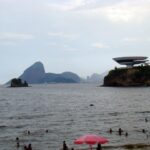 해변에서 바라본 슈가로프 산과 절벽 위 MAC Niterói