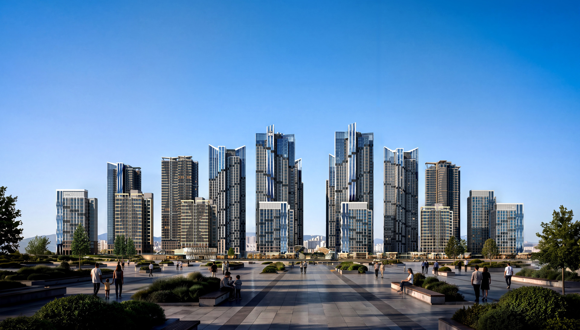 목동10단지 디에이치 목동 에세르의 지상 보행 광장에서 올려다본 타워 조감도