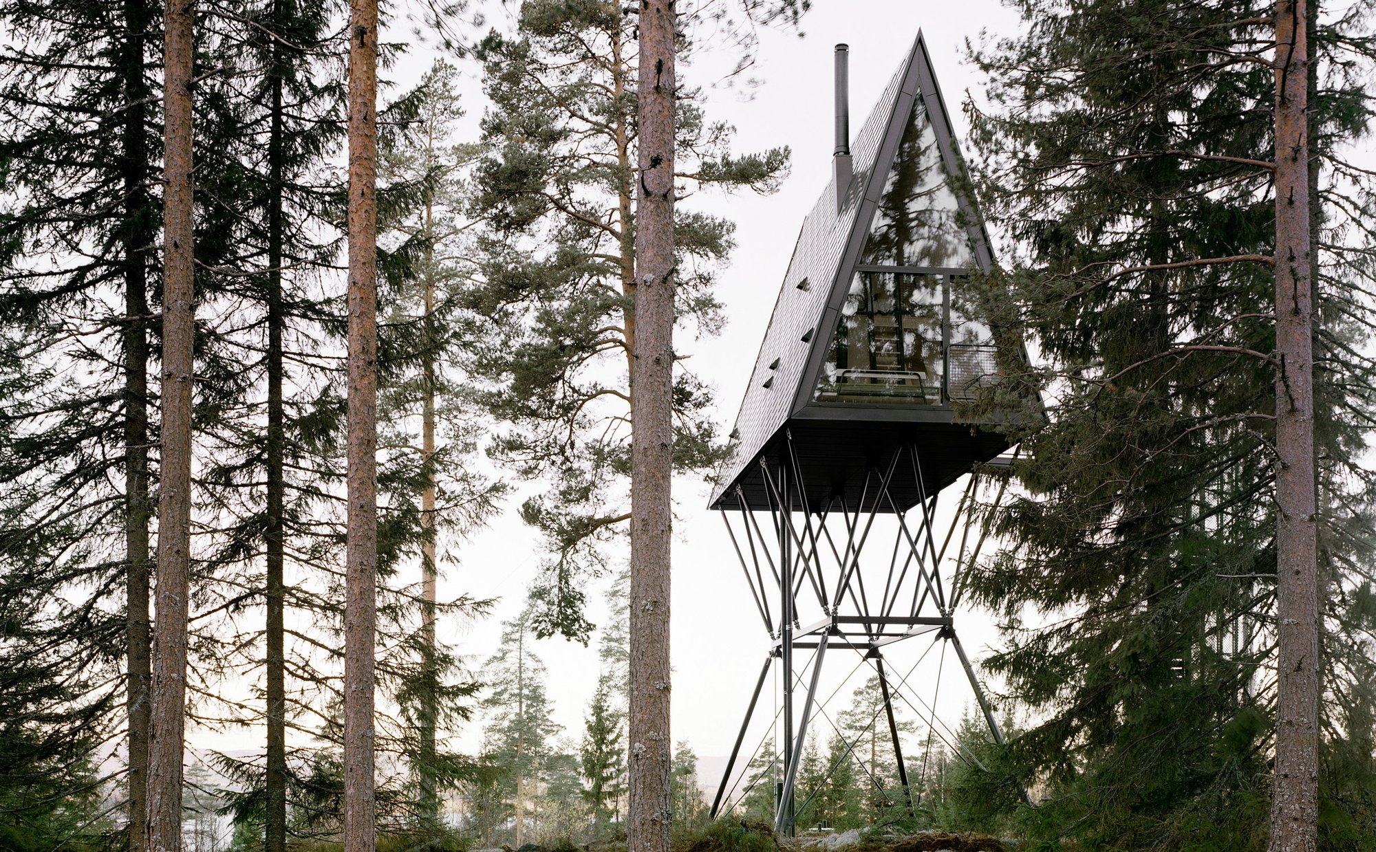 노르웨이 Finnskogen 숲속에 선 PAN Treetop Cabins 전경