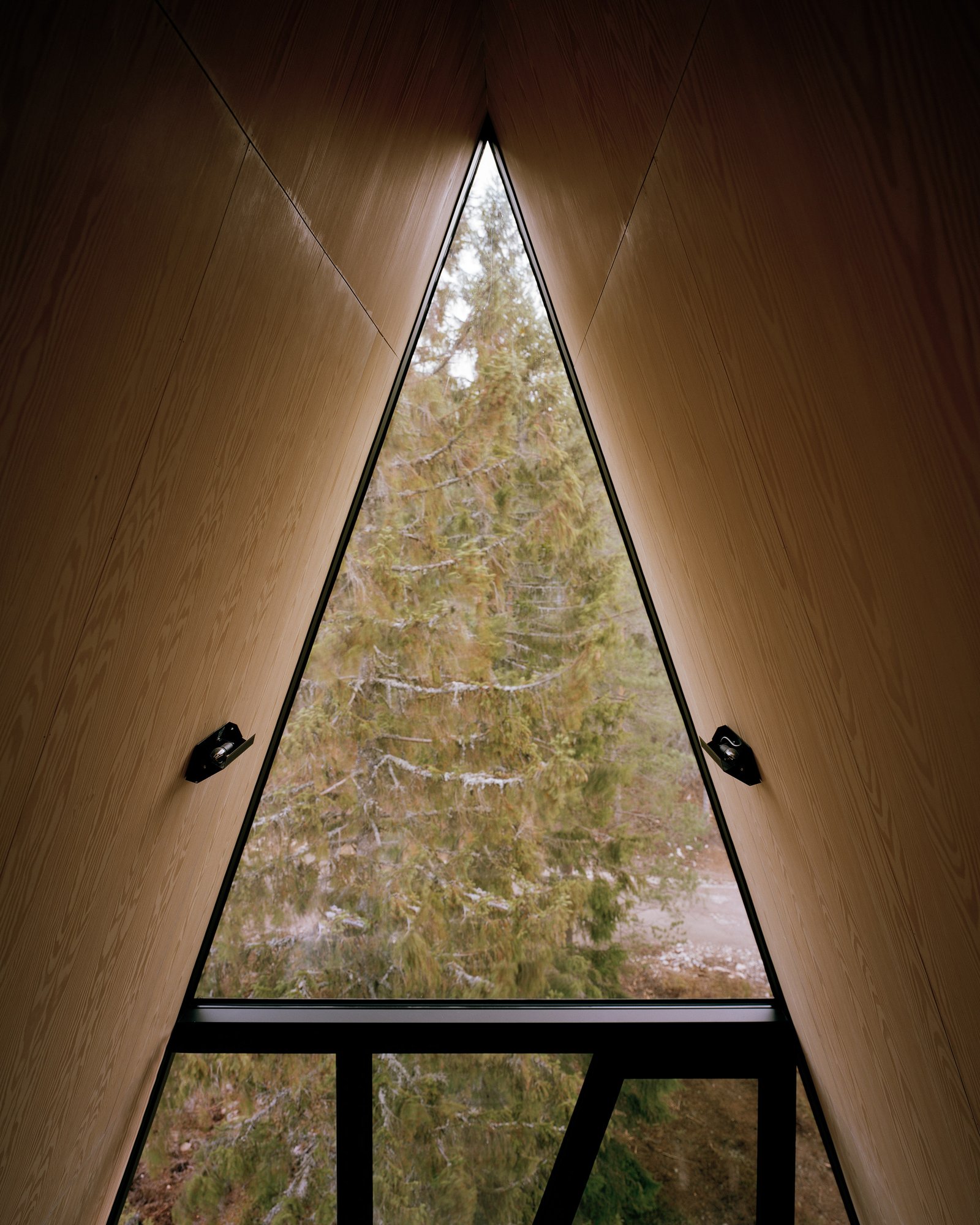 삼각형 박공 유리창으로 숲을 담은 PAN Treetop Cabins 실내