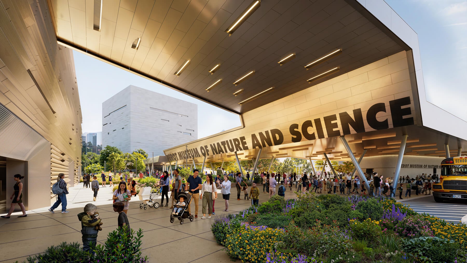 나무 그늘과 정원이 깔린 Perot Museum 증축 진입 광장 렌더링