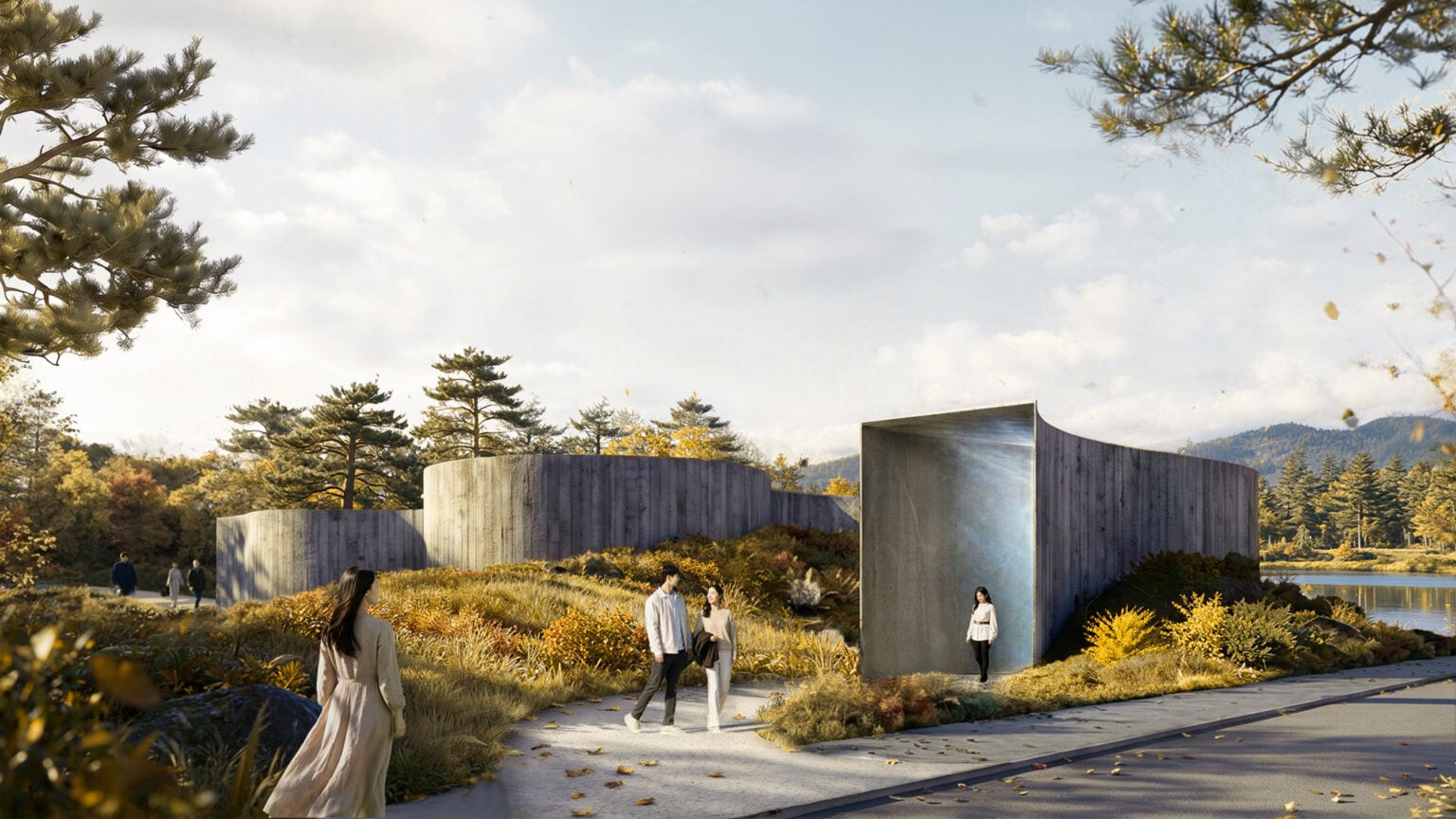 공원 산책로에서 이어지는 Suseong Continuum 갤러리의 널결 콘크리트 외벽