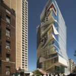 이웃 고층 아파트 사이로 보이는 Vagelos Education Center 가로 풍경
